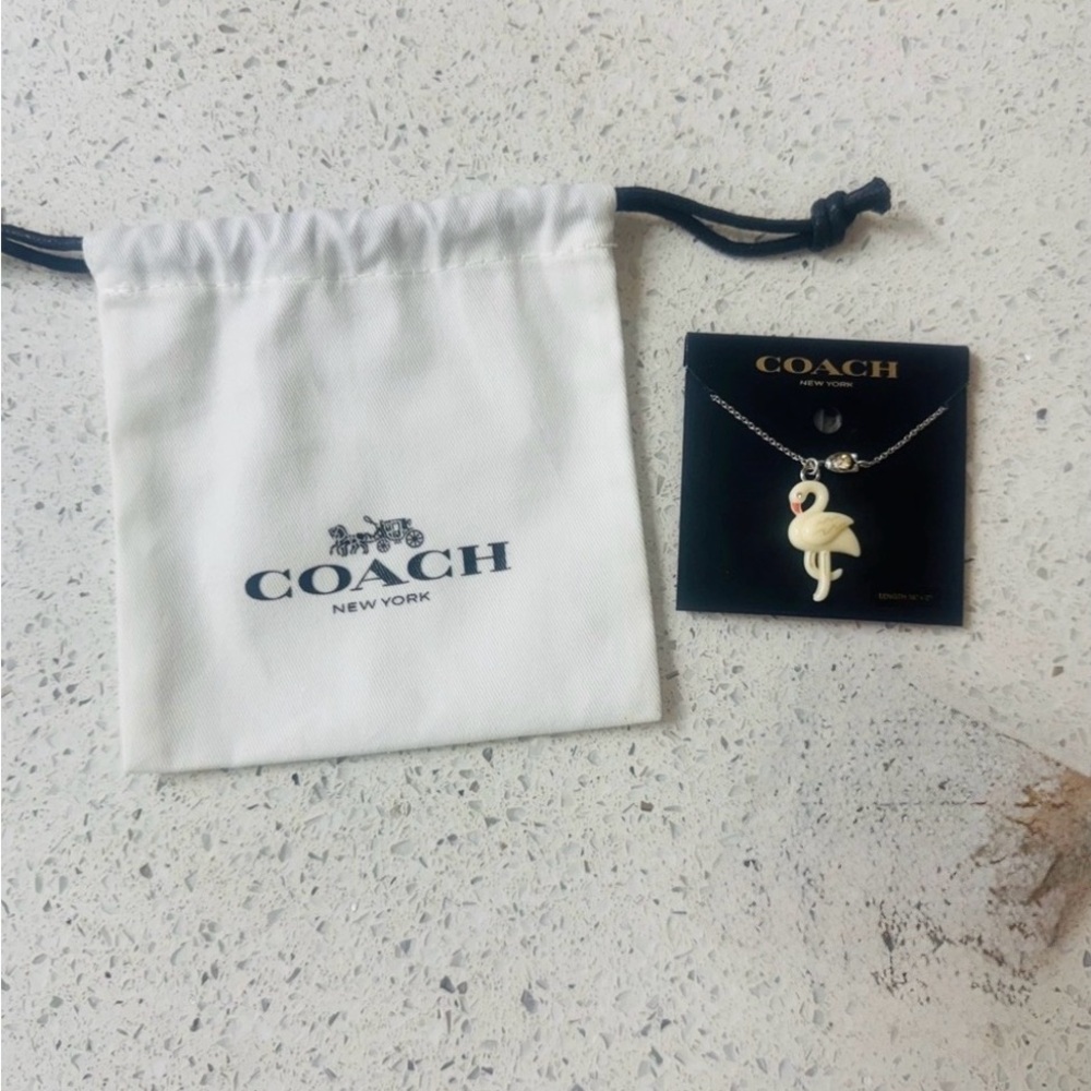 Coach Flamingo Silver Tone Necklace NWT plus Pouch Bag